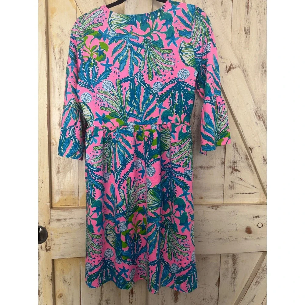 Lilly Pulitzer‎ Pink Green Print Bell Sleeves Mini Dress Size Small Cotton NWT